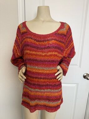 Sigrid Olsen 100% Silk Pink, Red, & Orange Loose Weave Long Sleeve Tunic Sweater